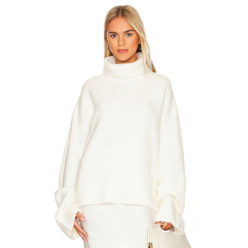 SNDYS Cecilia White Wool Knit Turtleneck Sweater